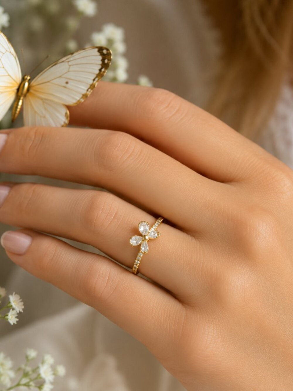 Butterfly Ring in CZ and Sterling Silver 14k gold overlay size 6 🆕